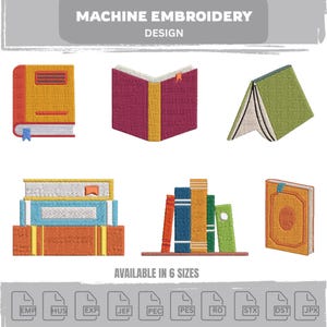 May include: Machine embroidery design featuring six colorful book illustrations. The books are in various styles, including stacked and open designs. The text "MACHINE EMBROIDERY DESIGN" and "AVAILABLE IN 6 SIZES" are displayed at the top and bottom of the image.