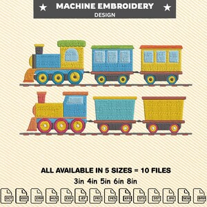 May include: Machine embroidery design featuring two toy trains. Each train is composed of a blue engine, yellow and green cars, and red and yellow accents. The text "MACHINE EMBROIDERY DESIGN" is at the top. The design is available in five sizes.