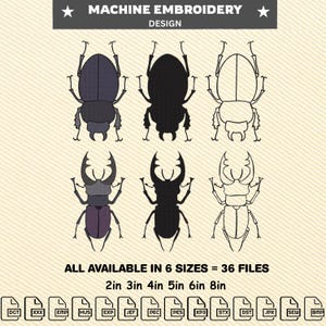 May include: Machine embroidery design featuring six stylized beetle illustrations in various colors and outlines. The text at the top reads "MACHINE EMBROIDERY DESIGN". The text at the bottom reads "ALL AVAILABLE IN 6 SIZES = 36 FILES" and lists sizes from 2in to 8in.