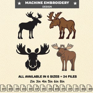 Op de afbeelding: Machine borduurontwerp met vier eland illustraties. Twee zijn silhouetten en twee zijn bruin met bruine geweien. De tekst luidt "ALLEMAAL BESCHIKBAAR IN 6 MATEN = 24 BESTANDEN" met maten van 5cm tot 20cm. Bestandstypen zijn DGT, XXX, EMP, HUS, EXP, JEF, PEC, PES, XP3, STX, DST, JPX, SEW en BMP.