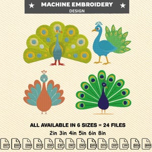 Puede incluir: Diseño de bordado a máquina con cuatro ilustraciones de pavos reales coloridos. Los pavos reales tienen patrones de plumas detallados en tonos verdes, azules, naranjas y turquesas. El texto superior dice "MACHINE EMBROIDERY DESIGN". Disponible en seis tamaños.