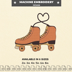 Op de afbeelding: Machine borduurontwerp met retro rolschaatsen in bruin en beige, met een hartvormig vetersluiting detail. Verkrijgbaar in 6 maten: 5 cm, 7,6 cm, 10 cm, 12,7 cm, 15,2 cm en 20,3 cm. De tekst "MACHINE EMBROIDERY DESIGN" is inbegrepen.