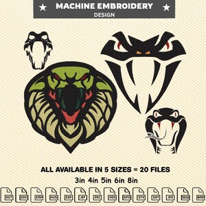 Puede incluir: Diseño de bordado a máquina con cuatro ilustraciones de cabezas de serpiente en negro, verde y rojo. El texto dice "MACHINE EMBROIDERY DESIGN" y "TODOS DISPONIBLES EN 5 TAMAÑOS = 20 ARCHIVOS" con tamaños de 7,6 cm, 10,2 cm, 12,7 cm, 15,2 cm y 20,3 cm.
