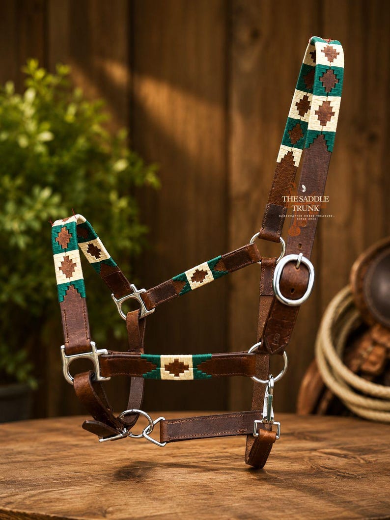May include: A brown leather horse halter featuring woven fabric accents in cream, dark green, and brown geometric patterns. The halter includes silver-toned metal hardware, buckles, and rings, with the text THE SADDLE TRUNK printed on the side strap.