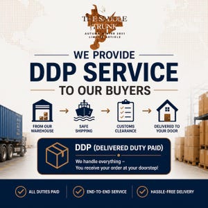 May include: An informational graphic for The Saddle Trunk Autumn Winter 2021 Limited Article. It features a flow chart with icons for a warehouse, ship, clipboard, and house, explaining DDP Delivered Duty Paid service for door-to-door delivery.