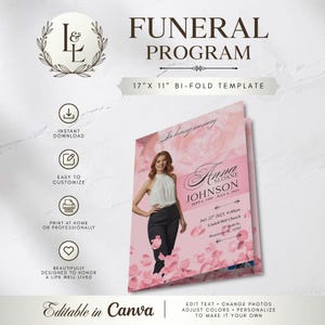 May include: A 43.18 cm x 27.94 cm bi-fold funeral programme template featuring a pink floral background with scattered petals. The design includes text reading "In loving memory," "Anna Sloane Johnson," and event details, with an editable photo placeholder.
