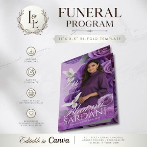 Könnte beinhalten: Eine 27,9 cm mal 21,6 cm große, faltbare Trauerprogramm-Vorlage mit violettem Rosenhintergrund, zwei weißen Tauben und dem Porträt einer Person. Der Text lautet In Loving Memory, Bhavna Sardani, September 6 1999, July 6 2025 und L&L.