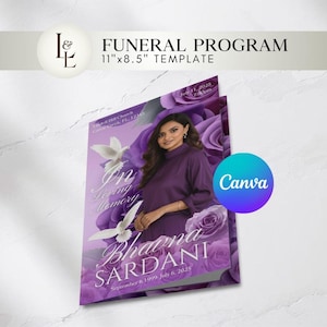 Purple Floral Funeral Program Template, Editable 11x8.5 Canva Memorial Obituary and Sample Text
