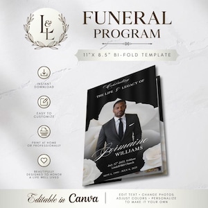 May include: A bi-fold funeral programme template measuring 27.9 cm by 21.6 cm. The cover features a black background with white rose graphics, a photograph of a person in a suit, and text reading Celebrating The Life & Legacy Of Jermaine Williams.
