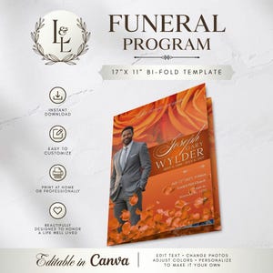 Editable Canva Template, Memorial Program, Black Roses Funeral Service Bi-Fold (Digital Download)