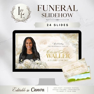 May include: A digital funeral slideshow template featuring 24 slides with a white rose and gold frame design. The screen displays text reading Celebrating The Wonderful Life Of Cheryl Ann Waller 8.15.1980 - 12.08.2022 and Editable in Canva.