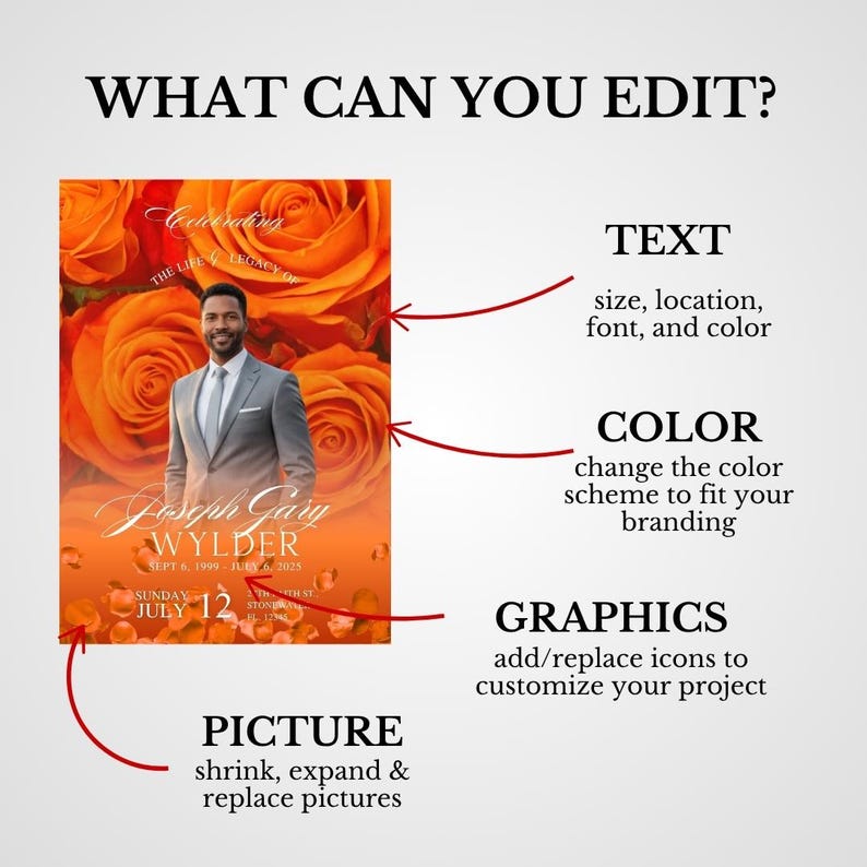 Orange Roses Memorial Invitation Template, Celebration of Life ...