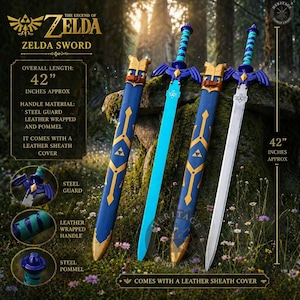 May include: Four Zelda swords, each approximately 42 inches long, with blue and gold accents. The swords have steel guards, leather-wrapped handles, and come with leather sheaths. The image includes text that reads "Zelda Sword."