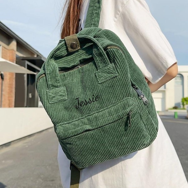 Gepersonaliseerde mini corduroy rugzak, kleine rugzak, leuke dagelijkse tas, casual schooltas met voorvak in groen, beige, bruin, zwart, rood