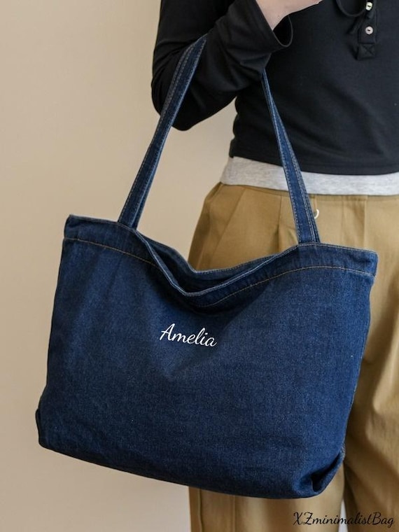 Oversized Denim Tote Bag,Minimalist Washed Denim Tote, Simple Vintage Shoulder Bag for Everyday, Shopping & Commute, in Dark Blue,Light Blue