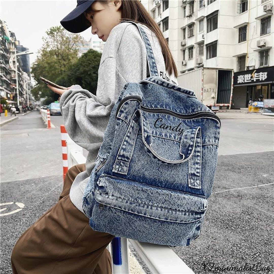Rewrite Backpack Custom Text Washed Denim Backpack, Casual Travel Backpack, Vintage ...