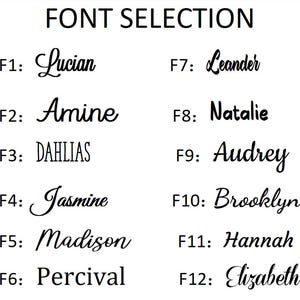May include: A white background displays a "FONT SELECTION" chart with 12 font styles, each paired with a name. The fonts vary in style, from cursive to bold, with names like Lucian, Amine, and Hannah. The image includes the text "XZminimalist Bag".