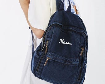 Large Capacity Denim Backpack, Washed Vintage Jean Rucksack, Personalized Adjustable Strap School Bag in Light Blue, Dark Blue
