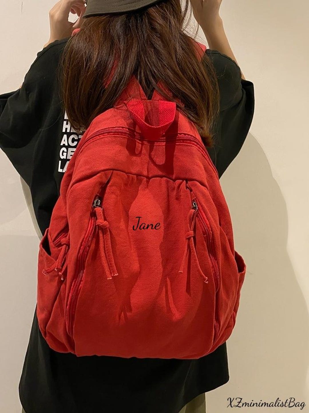 Washed Red Canvas Backpack, Minimalist Large Capacity Bookbag for ...