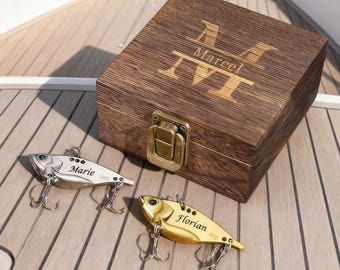 Personalized Fishing Lure, Engraved Stainless Steel, Wooden Gift Box