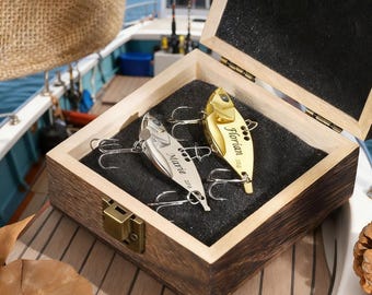 Personalized Stainless Steel Fishing Lure Gift Set with Wooden Box