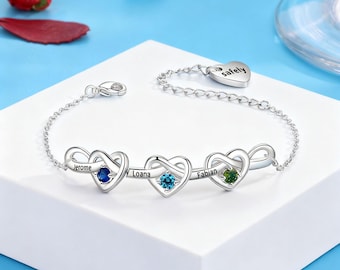 Customized Linked Birthstone Heart Bracelet ，Engraved Name And Text bracelet For Girls，Family bracelet，friendship bracelet，Gift For Her