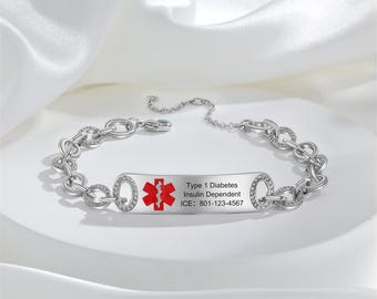 Customized Medical Bracelet For Women,Engraved ID Tag Medical Alert Bracelet,Emergency bracelet，Gifts for Diabetic＆Epileptic Patients