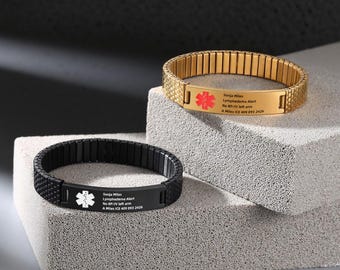 Personalized Stainless Steel Medical Alert Bracelet, Waterproof Elastic Design