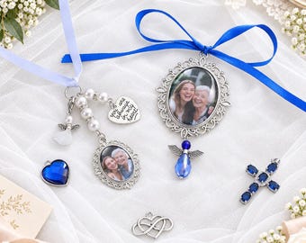 Gepersonaliseerde bruidsboeketbedel met foto en 'iets blauws'-bedel, fotobedel voor een herdenkingsboeket, bruidsboeketbedel, cadeau voor een vrijgezellenfeest.