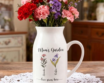 Custom Birth Flower Ceramic Vase with Names | Keepsake for Mom or Grandma | Mother's Day gifts  Christmas gift | Home Decor