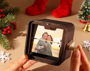 Personalized Hand Crank Music Photo Box,Custom 8~16 Photo Rotating Box,Light‑Up Wooden Keepsake,Anniversary Gift,Christmas gift For Him/Her
