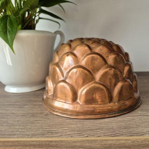 Puede incluir: Un molde de cobre vintage con diseño de piña. El molde es de color cobre cálido y se encuentra sobre una superficie de madera. Una maceta de cerámica blanca con una planta verde está en el fondo.