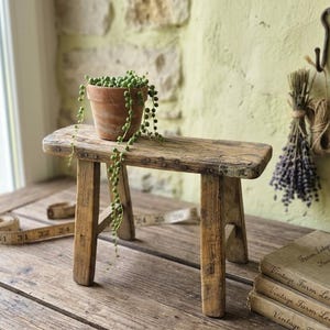 Peut inclure: Un petit tabouret rectangulaire en bois avec une finition naturelle patinée et quatre pieds robustes. Un pot en terre cuite contenant une plante de type collier de perles est posé sur l'assise. Un mètre ruban beige est visible à proximité.