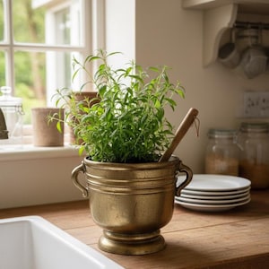 Può includere: Un vaso di ottone con una pianta verde e un cucchiaio di legno all'interno. Il vaso ha due manici e poggia su un piano di lavoro in legno. Un lavandino bianco è in primo piano e una finestra sullo sfondo.
