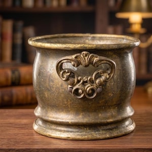 Vintage Heavy Brass Flower Planter - Gilde Handwerk Mid-Century Cachepot - Ornate Scroll Handle Brass Pot- 12cm Decorative Indoor Holder