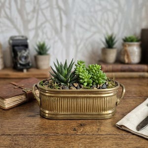 Vintage Messing Pflanzgefäß mit Griffen, ovaler gerippter Übertopf, Messing Jardiniere im antiken Stil, Mid Century dekorative Metallmulde Schüssel