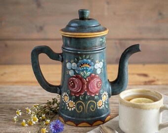 Teiera/caffettiera antica in lamiera dipinta a mano, bollitore vintage