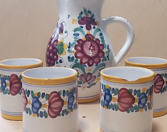Ensemble pichet et tasse en céramique peints à la main vintage – Poterie d'art populaire rustique, décoration florale de cuisine (ensemble de 5 pièces)