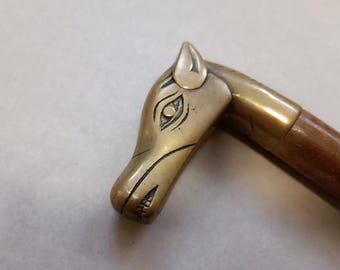 Canne de marche en bois vintage unique avec poignée tête de cheval en laiton - Canne de collection antique - Cadeau équestre - Rustique