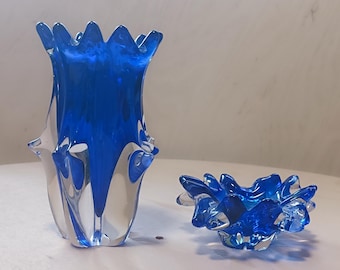 Ensemble vase et bol art tchèque vintage en verre - verre bohème bleu cobalt, décoration européenne Mid-Century, style Murano / verre art tchèque