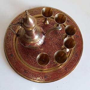 Vintage Handmade Brass Coffee & Tray Set – Etched Floral Design – Made in India – Mid-Century Barware