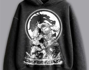 Sudadera con capucha de Mortal Kombat con diseño desgastado, algodón grueso lavado, ideal para gamers