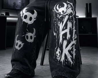 Hollow Knight Hose, verwaschene schwarze Baggy-Jogginghose, schwere Gaming-Streetwear-Jogginghose, Y2K Vintage Unisex-Hose, Geschenk für Gamer.