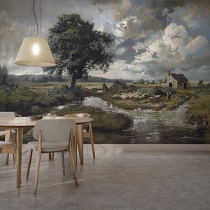Rustic Pastoral Landscape Wallpaper Mural – Sheep and Cottage, Peel and Stick