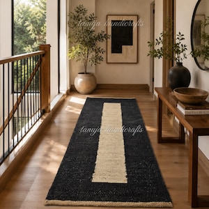 Hemp Runner Rug - Handmade Black Hemp Area Jute Vintage Runner Kitchen Custom Size Rug Sisal Area Outdoor Boho Large Decorative Hallway Rug