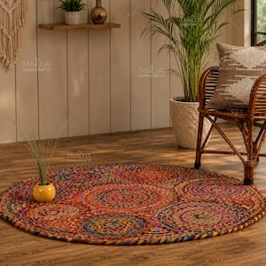 Handflätad jute Chindi-matta, rund boho lantlig inredning, flerfärgad matta i naturfiber