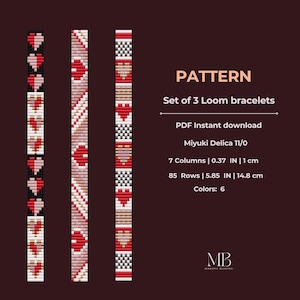 Puede incluir: Un patrón digital para un conjunto de tres pulseras de telar. Las pulseras presentan diseños de corazón y geométricos en rojo, negro, blanco y beige. El patrón incluye 7 columnas (1 cm) y 85 filas (14,8 cm).