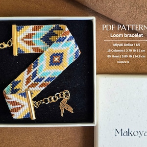 May include: A woven loom bracelet featuring a geometric pattern in yellow, blue, white, and brown beads. It includes gold-tone metal end bars, a lobster clasp, and an extender chain with a bird charm. Text reads: PDF PATTERN, 15 Columns | 2 cm, 85 Rows | 14.8 cm.