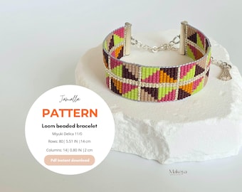 May include: A colorful loom beaded bracelet with a geometric pattern in shades of pink, green, orange, and brown. The bracelet is 5.51 inches (14 cm) long and features silver-toned end caps and a chain closure. The image also includes text that says "Jamalla PATTERN".