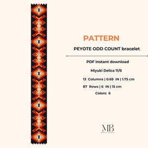 May include: A beaded bracelet pattern with a geometric design in black, red, orange, and white. The pattern is labeled "PEYOTE ODD COUNT bracelet" and includes details such as the number of columns, rows, and colors. The pattern is 0.69 inches wide and 6 inches long.